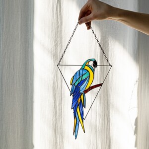Mother's day gift, Blue Parrot Suncatcher Bird. Home House Pendant. Wall Window Hangings Stained glass Art Decor grandma gift