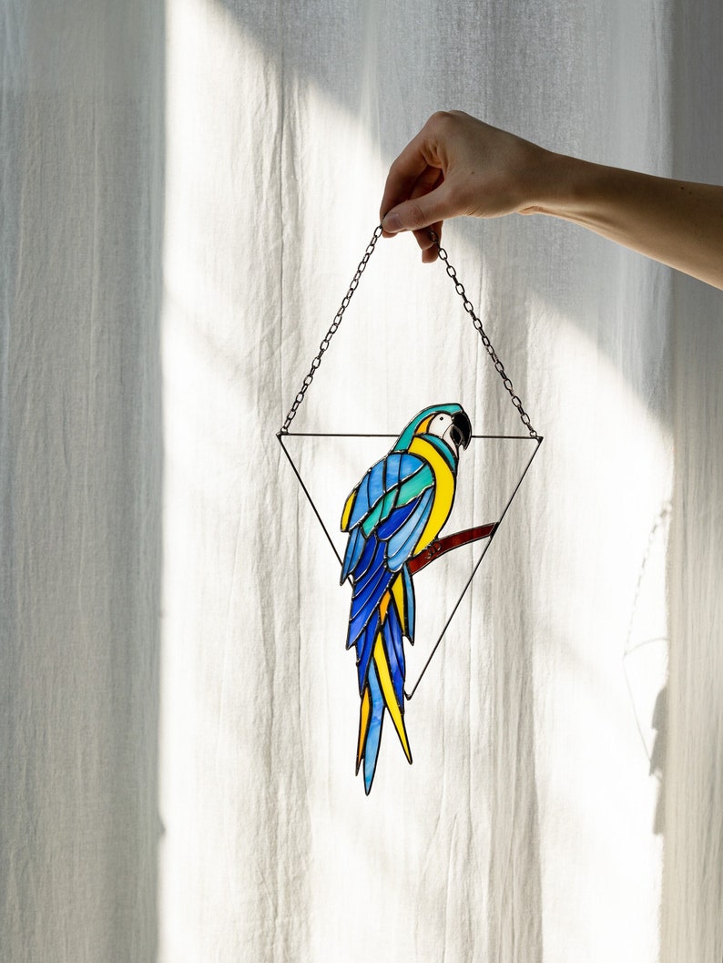Mother's day gift, Blue Parrot Suncatcher Bird. Home House Pendant. Wall Window Hangings Stained glass Art Decor grandma gift