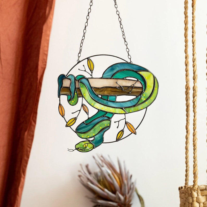 Snake Window Display Stained Glass Snake Suncatcher - Green Window Hanging Decor - Mother's ...