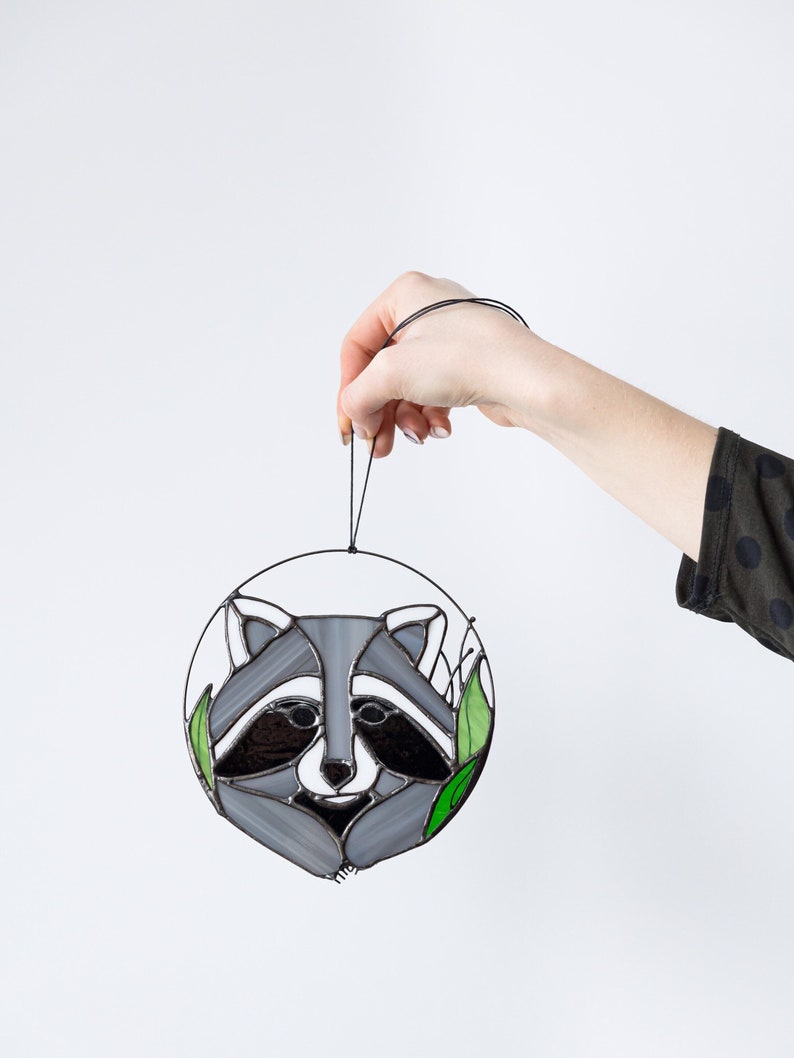 Raccoon Suncatcher. Gray Stained glass Animal. Home House Decor. WRaccoon Suncatcher. Gray Stained glass Animal. Home House Decor. Wall Window Hangings Stain Glass Art Decorationall Window Hangings Stain Glass Art Decoration, Christmas gift