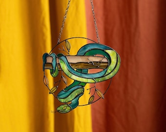 Stained Glass Snake Suncatcher - Green Window Hanging Decor - Mother's Day Gift
