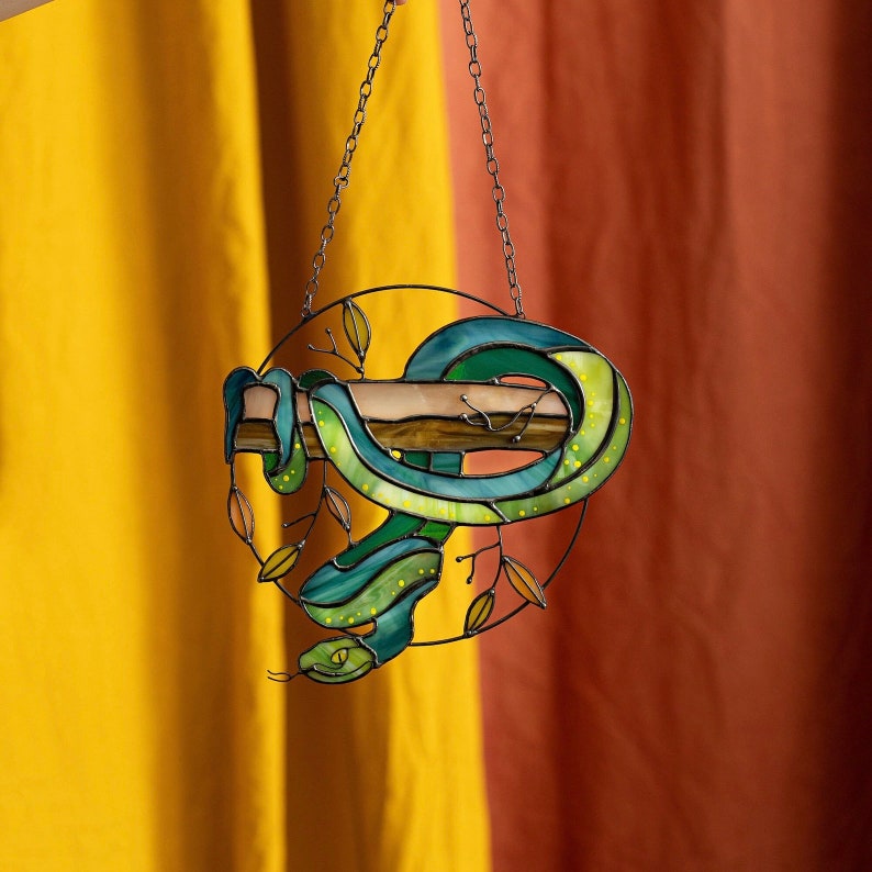 Snake Window Display Stained Glass Snake Suncatcher - Green Window Hanging Decor - Mother's ...