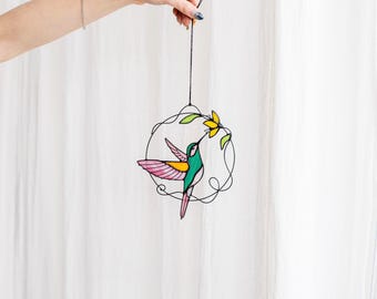 Mother&#39;s gift Pink Blue Hummingbird Suncatcher Bird. Home House Pendant. Wall Window Hangings Stained glass Art Decor grandma