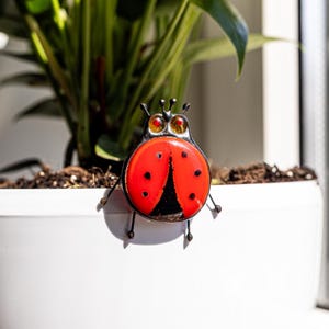 Stained Glass Ladybug Flower Pot Decor, Ladybug Home Patio Plant Stake Glass Art, Perfect Anniversary Plant Lovers Gift, Plant Accessory