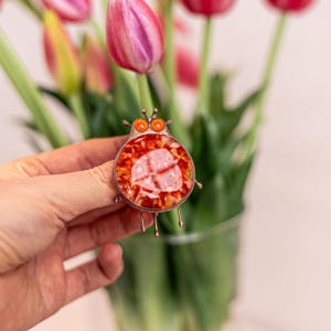 May include: A whimsical, round brooch in the shape of a ladybug. The brooch features a silver-colored metal frame with orange eyes and tiny legs. The center of the brooch has a colorful, abstract design with red and pink hues. The background includes pink tulips.