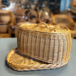 Handwoven Wicker Bread Box with Lid & Serving Tray | Rustic Bread Basket with Braided Base