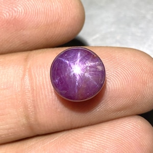 Könnte beinhalten: Ein runder, im Cabochon-Schliff gefertigter Sternrubin-Edelstein mit einem tiefen Magenta-Violett-Ton. Der Stein zeigt einen ausgeprägten sechsstrahligen Asterismus-Effekt, bei dem ein helles, weißes Sternmuster auf der glatten Oberfläche erscheint.