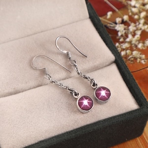 Star Ruby Hanging Earrings, Dangle Earrings, 925 Sterling Silver Earrings, Ruby Star Earring, Gift for Daughter, Birthday Earrings