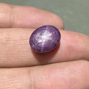 May include: An oval-shaped cabochon gemstone with a deep purple-red hue, displaying a distinct six-rayed star pattern across its polished surface. The stone features a smooth, rounded top and exhibits a natural asterism effect under light.