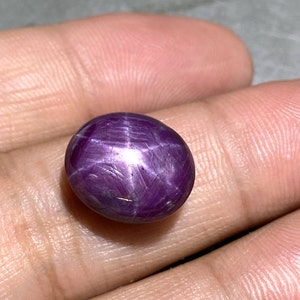 May include: A deep purple, oval-shaped star ruby gemstone featuring a distinct six-rayed asterism effect across its smooth, cabochon-cut surface. The stone displays a translucent, fibrous internal structure with visible light reflections.