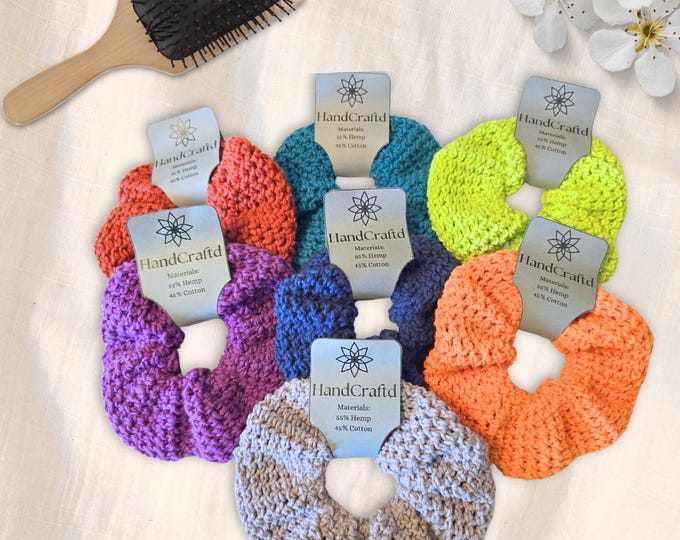 Handmade Scrunchies / Hemp / Cotton / Hair Ties / Colorful / Crochet Scrunchie