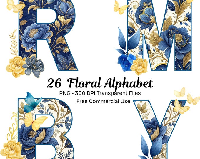 Floral Alphabet Letter Clipart Bundle - 26 PNG High Resolution 300dpi