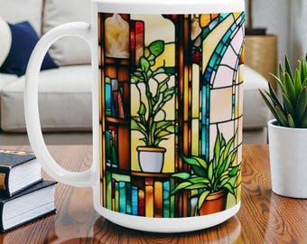 Stained Glass Library Window Mug for Book Lovers - 15oz