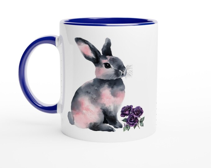 Easter Mug /  White 11oz Ceramic  /  Blue Ceramic Interior and Handle / Watercolor Bunny and Easter Egg Graphics