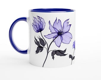 Flower Mug /  White 11oz Ceramic  /  Blue Ceramic Interior and Handle / Watercolor X Ray Flower Graphics