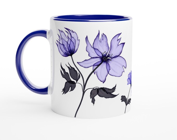 Flower Mug /  White 11oz Ceramic  /  Blue Ceramic Interior and Handle / Watercolor X Ray Flower Graphics