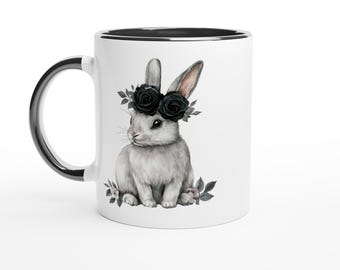 Easter Mug /  White 11oz Ceramic  /  Black Ceramic Interior and Handle / Watercolor Bunny and Easter Egg Graphics