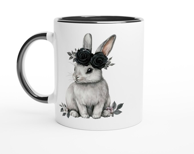 Easter Mug /  White 11oz Ceramic  /  Black Ceramic Interior and Handle / Watercolor Bunny and Easter Egg Graphics