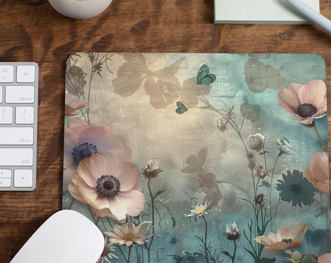 Floral Butterfly Mouse Pad / Botanical Mouse Pad /  Nature-Inspired Office Decor/ Elegant Workspace Accessory / 9" x 8"