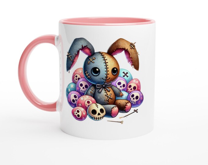 Easter Mug /  White 11oz Ceramic  /  Pink Ceramic Interior and Handle /Voodoo Bunny and Easter Egg Graphics