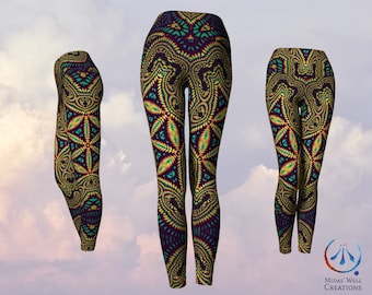 Golden Glow Mandala Yoga Leggings, Art Leggings, Eco Poly Fabric Abstract, Flattering Leggings, Festival, Psychedelic, Visionary, Rave