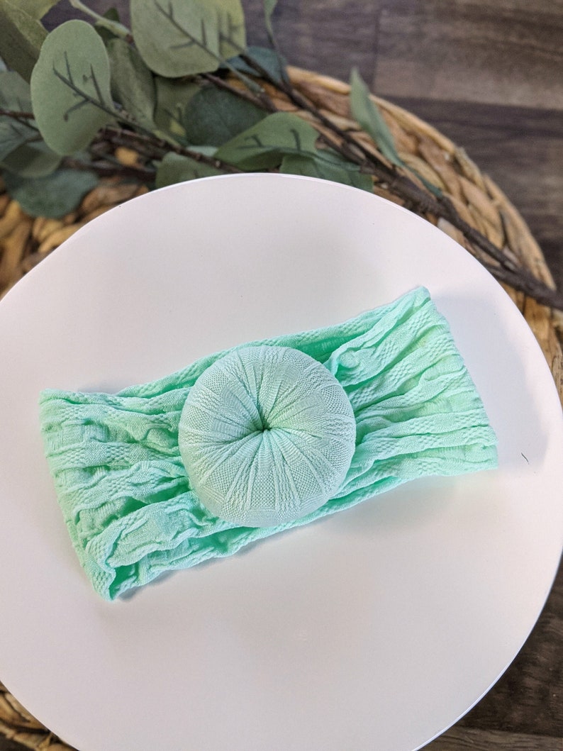 Gift for Baby Infant Bow Headband Top Knot Baby Headband Mint Green Turban Headwrap Baby Girl Bow Hand Tied Bow Pastel Hair Bow