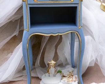 French bedside table Louis XV style blue color golf leafs