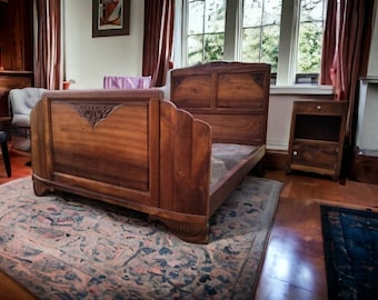 French vintage walnut bed with bedside table Art Deco