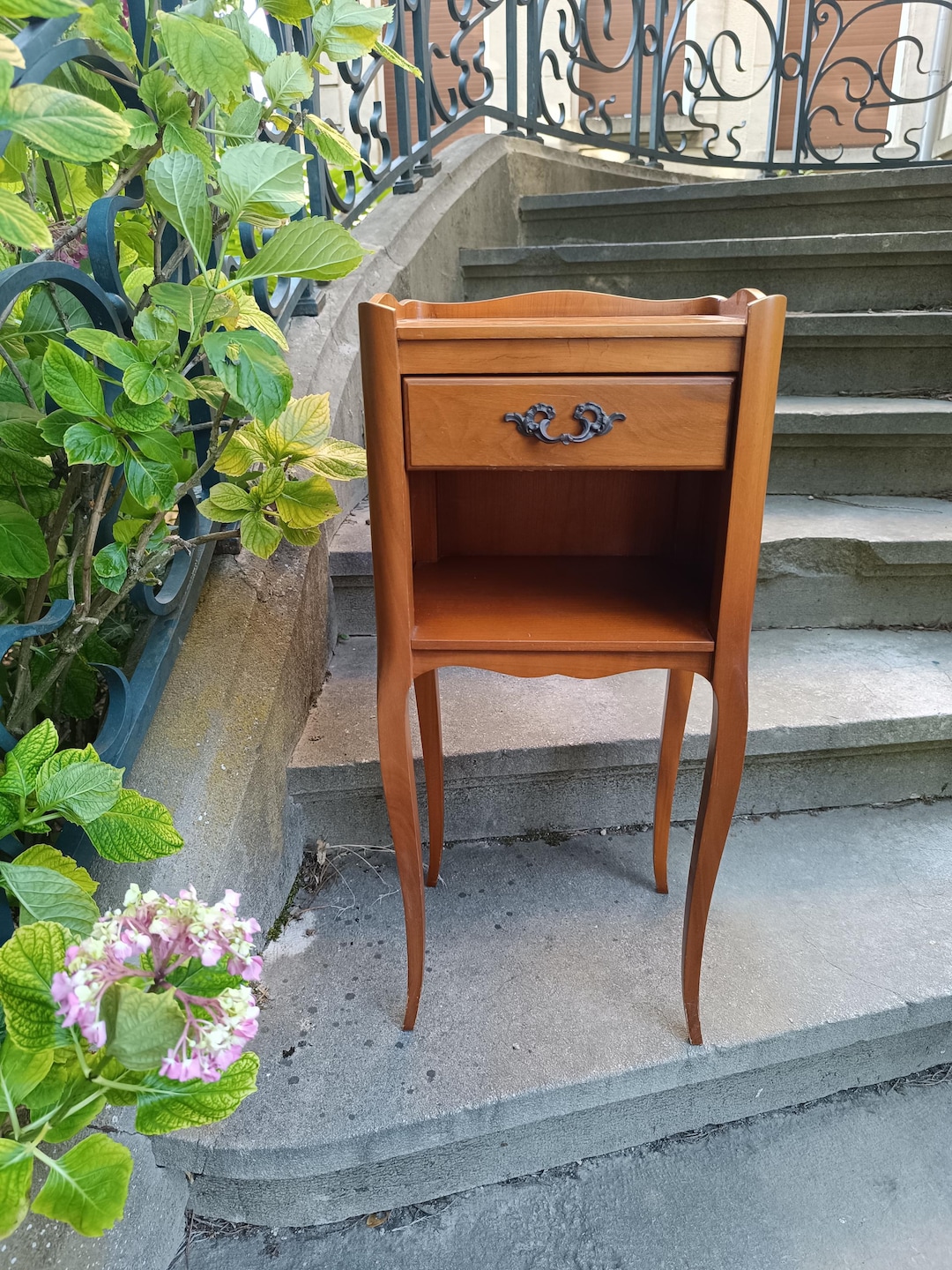 Vintage French Nightstand, Louis XVI Bedside Table, 1 Drawer Open