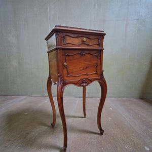 French vintage carved bedside table Louis XV style marble top.
