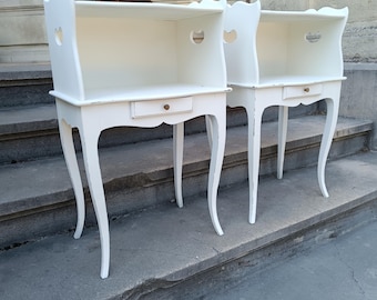 Pair of Antique White Shabby Chic Nightstands, Hand Painted Chalk Paint Bedside Tables, French Style Heart Cutout, 68 cm× 42 cm× 26 cm