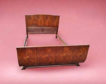 French vintage walnut inlayed double bed art déco 1930'