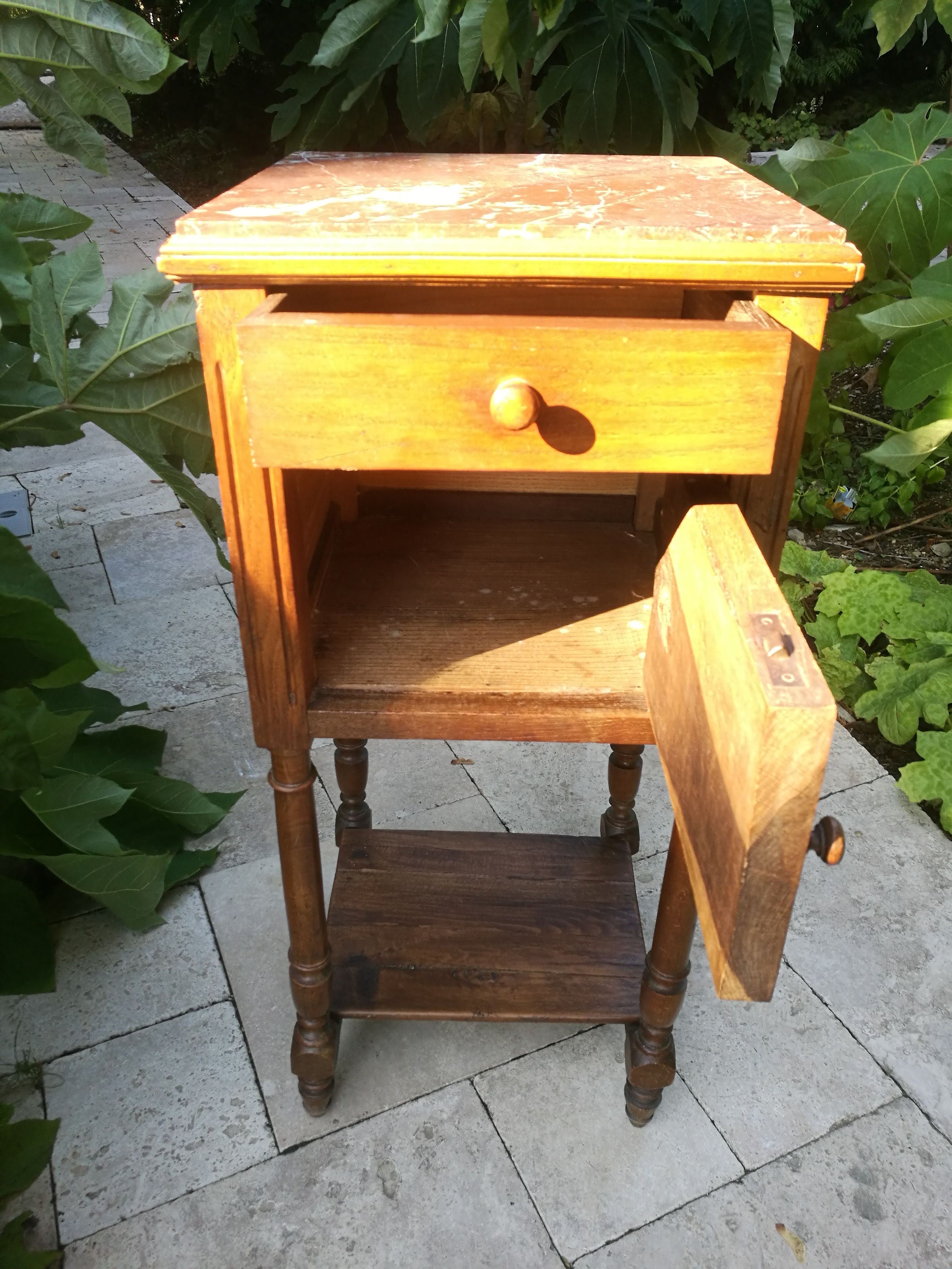 French Rusticaly Oak Bedside Table With Marble Vintage 1920 Etsy New