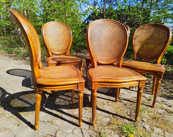 Antique Dining Chairs Louis XVI French Walnut Wood Cane Rattan 1900