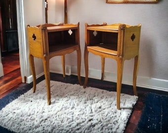 Pair of bedside tables wallnut wood openwork clubs