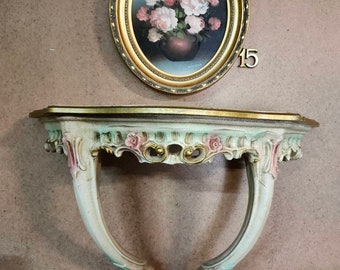 French wooden painted console vintage shabby crackle floral motifs