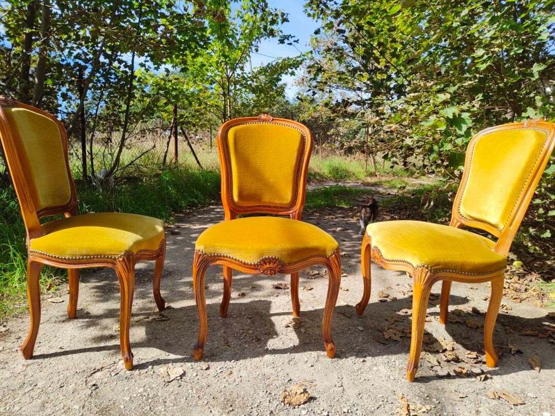 French Vintage Heavy Solid Chair Louis XV Style Yellow Suede Upholstery