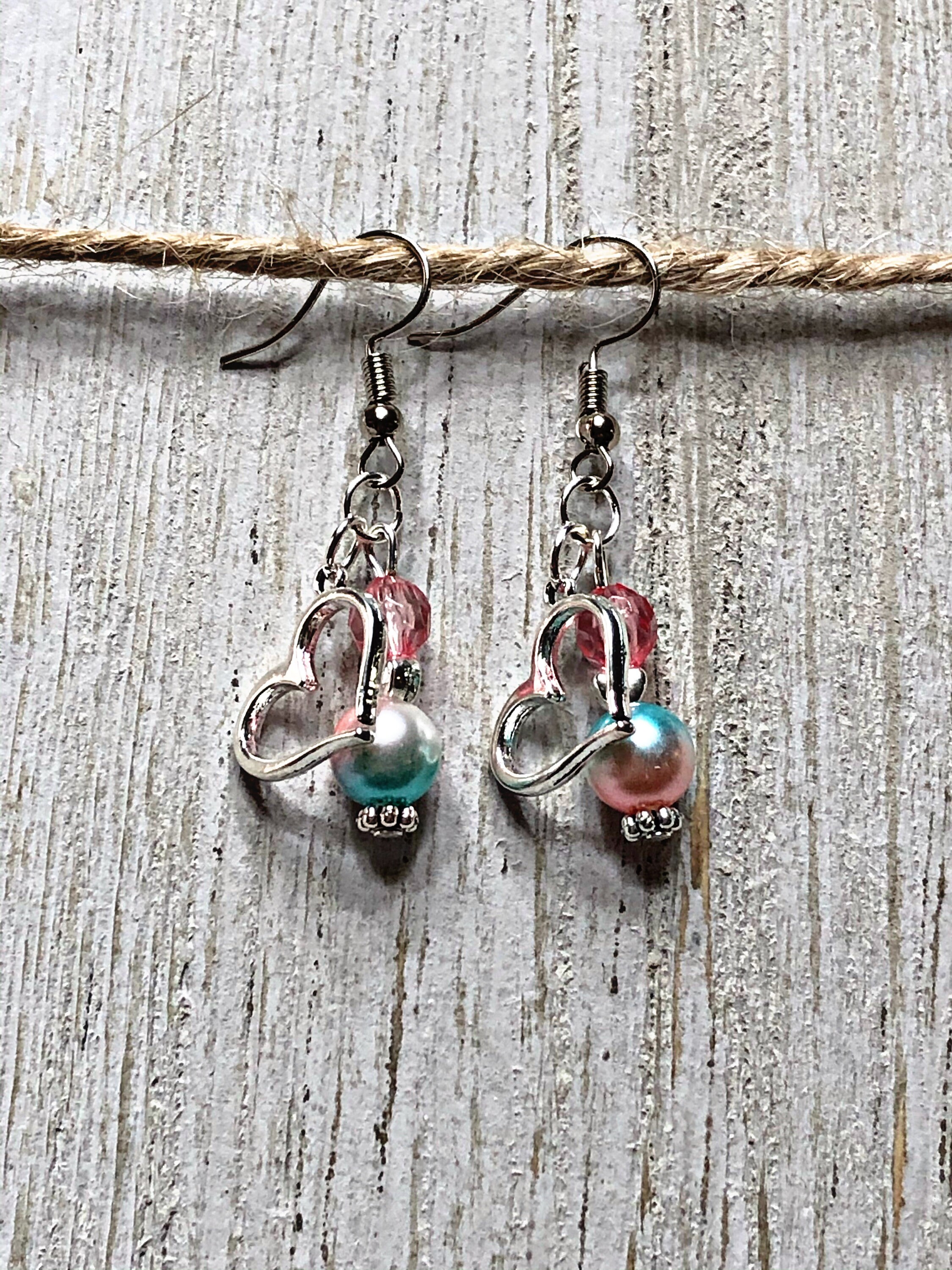 Silver Open Heart Dangle Earrings with Peach and Blue Accents | Etsy