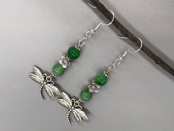 Silver Dragonfly Beaded Earrings Green Dragonfly Dangle | Etsy