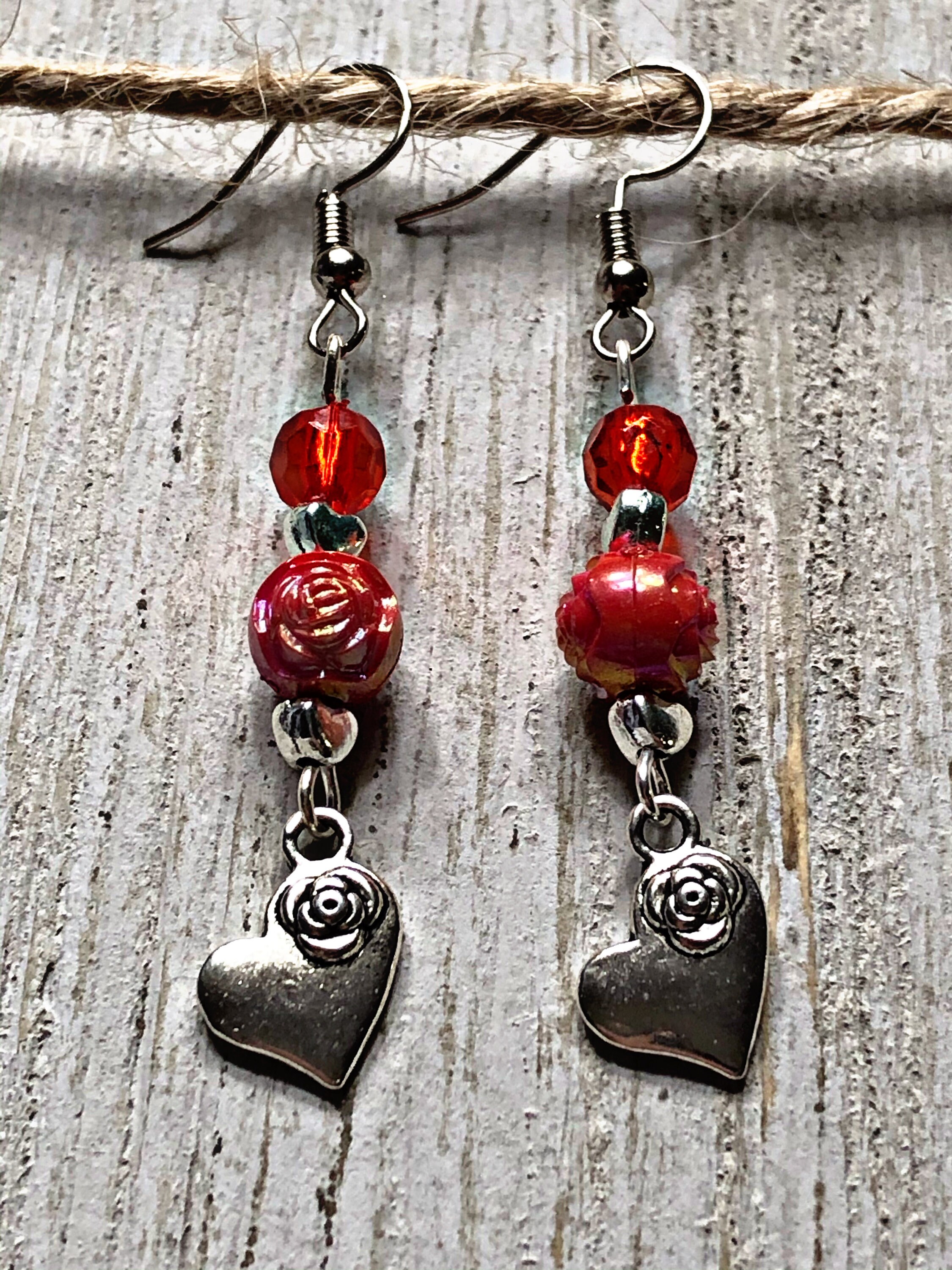 Silver and Red Heart Flower Earrings Silver Heart Dangle | Etsy