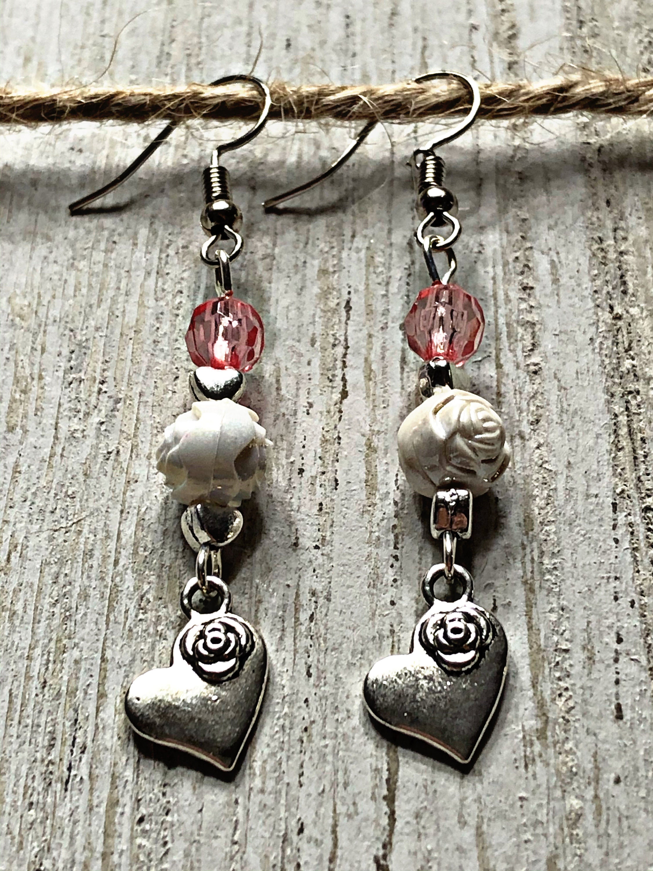 Silver and White Heart Flower Earrings Silver Heart Dangle | Etsy