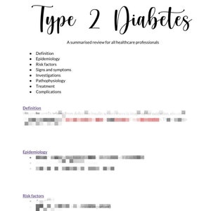 Op de afbeelding: Een zwart-wit document met de titel "Type 2 Diabetes" en een lijst met onderwerpen, waaronder definitie, epidemiologie, risicofactoren, tekenen en symptomen, onderzoeken, pathofysiologie, behandeling en complicaties. Het document is een samenvatting voor alle zorgprofessionals.
