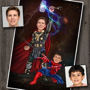 Thor und Spinnenmann - Custom Couple Superheld Cartoon Karikatur Zeichnung
