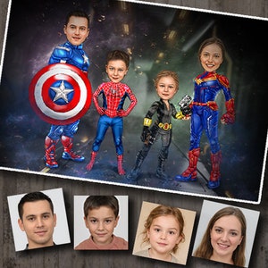Familie von 4 Superhelden - Custom Superheld Cartoon Karikatur Zeichnung