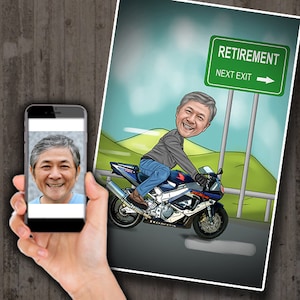 retirement caricature  cartoon riding custom drawing