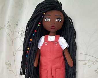 Black rag doll with braids, African American doll, Handmade Brown Skin doll, dark skin doll, black doll with clothes, Black Girl Doll