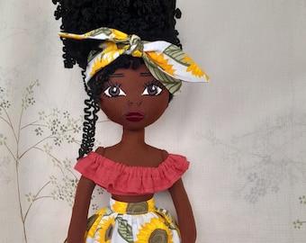 Black rag doll with curly hair, African American doll, Handmade Brown Skin doll, dark skin doll, black doll with clothes, Black Girl Doll