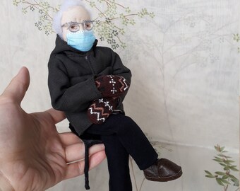 Handcrafted Bernie Sanders Doll | Inauguration Gift, Mittens & Chair