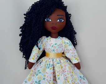 Handmade Black Rag Doll: Curly Hair, Floral Dress, Soft Plush Toy