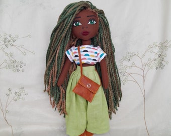 Black rag doll with braids, African American doll, Handmade Brown Skin doll, dark skin doll, black doll with clothes, Black Girl Doll